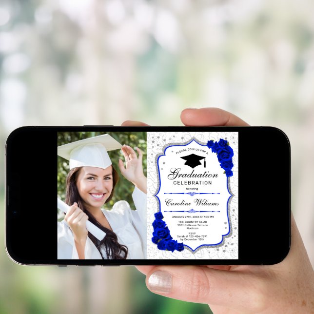 Graduation Party With Photo - Royal Blue White Invitation (Front Digital)
