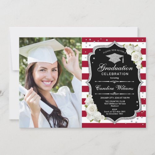 Graduation Party With Photo _ Silver Black Red Invitation