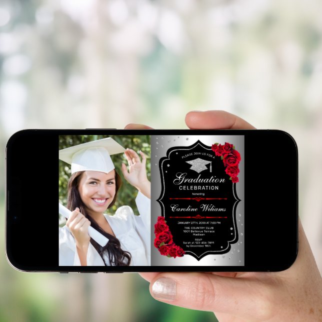 Graduation Party With Photo - Silver Black Red Invitation (Front Digital)