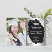 Graduation Party With Photo - Silver Black White Invitation (Standing Front)