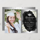 Graduation Party With Photo - Silver Black White Invitation (Front/Back)