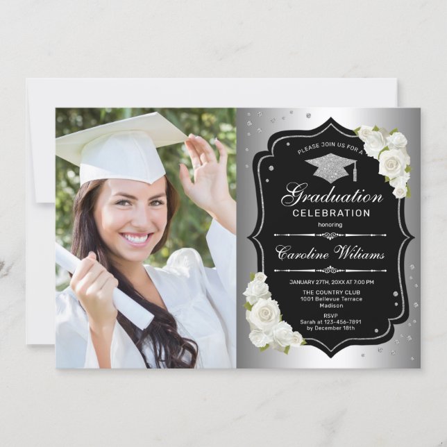 Graduation Party With Photo - Silver Black White Invitation (Front)
