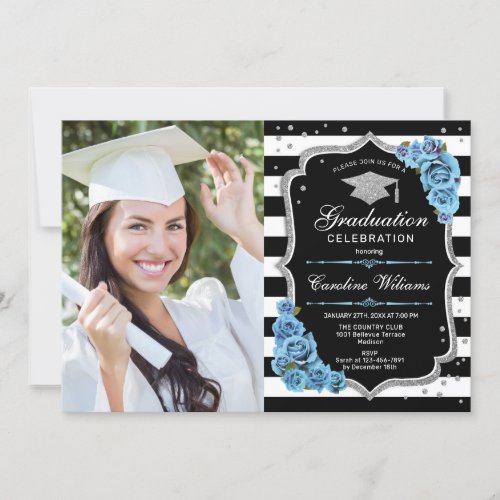 Graduation Party With Photo _ Silver Blue Flowers Invitation