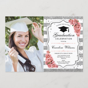 Graduation Party With Photo - Silver Blush Pink Invitation