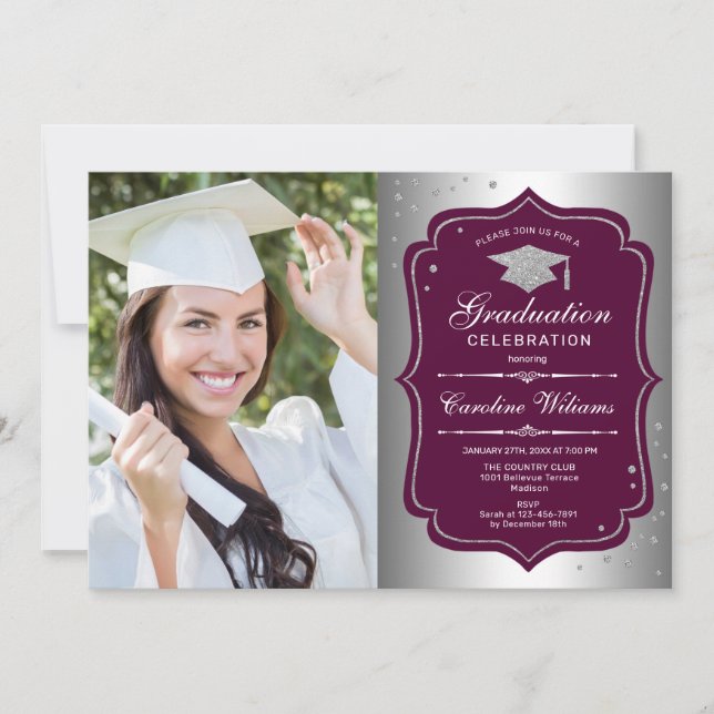 Graduation Party With Photo - Silver Burgundy Invitation (Front)