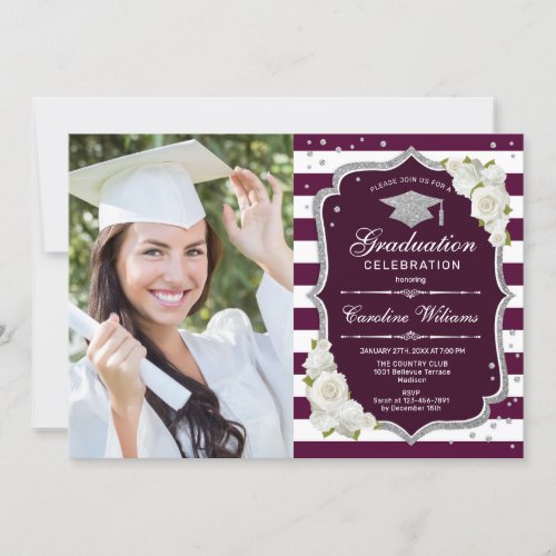Graduation Party With Photo _ Silver Burgundy Invitation