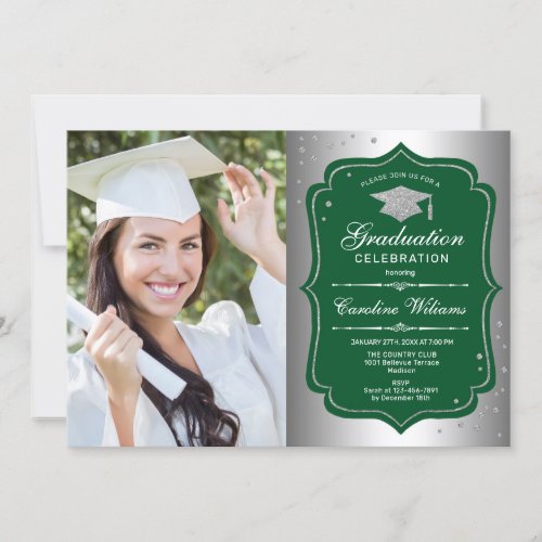 Graduation Party With Photo _ Silver Green Invitation