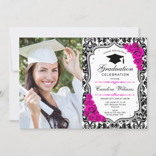 Graduation Party With Photo _ Silver Pink White Invitation