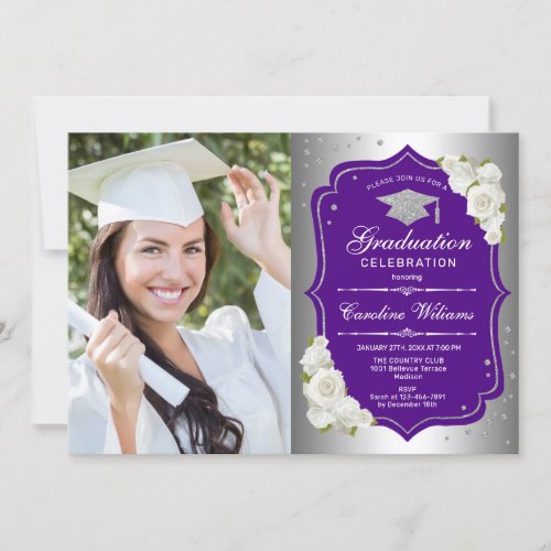 Graduation Party With Photo _ Silver Purple Invitation