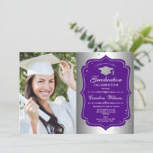 Graduation Party With Photo - Silver Purple Invitation (Standing Front)
