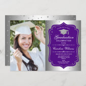 Graduation Party With Photo - Silver Purple Invitation (Front/Back)