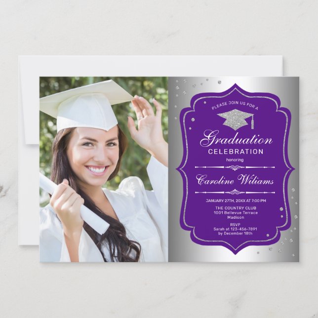 Graduation Party With Photo - Silver Purple Invitation (Front)