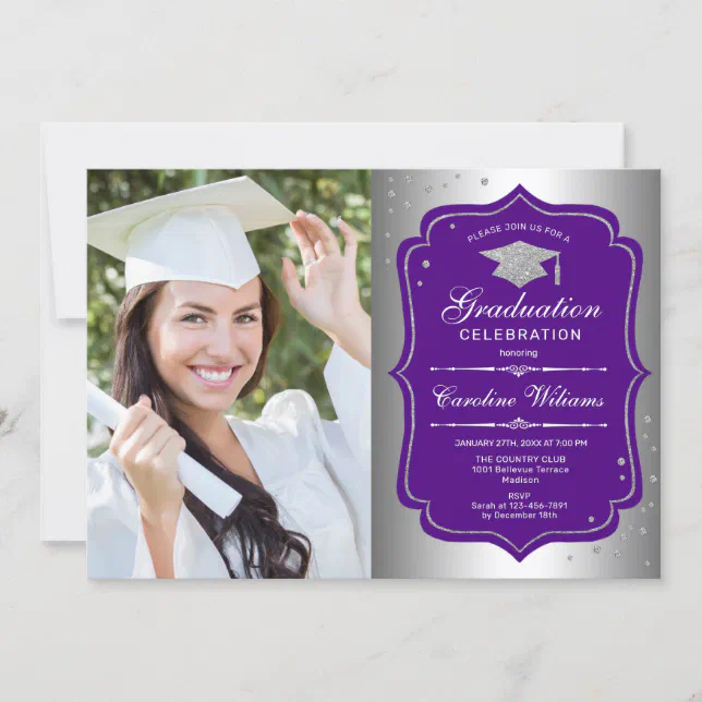 Graduation Party With Photo - Silver Purple Invitation | Zazzle