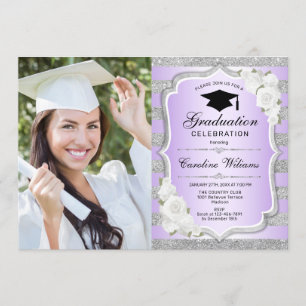 Graduation Party With Photo - Silver Purple Invitation