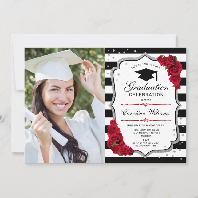 Graduation Party With Photo - Silver Red Black Invitation (Front)