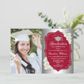 Graduation Party With Photo - Silver Red Invitation (Standing Front)