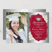 Graduation Party With Photo - Silver Red Invitation (Front/Back)