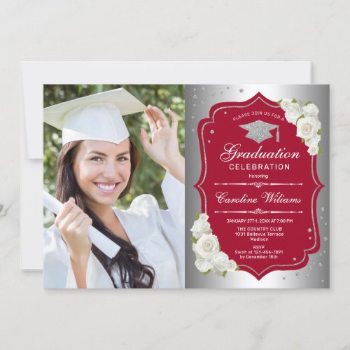 Graduation Party With Photo _ Silver Red Invitation