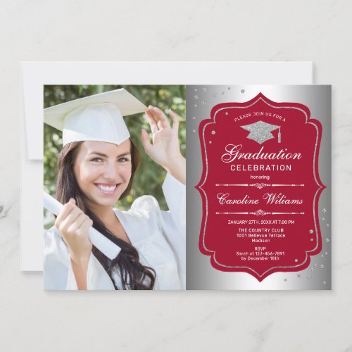 Graduation Party With Photo _ Silver Red Invitation