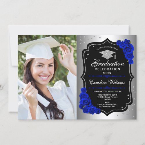 Graduation Party With Photo _ Silver Royal Blue Invitation