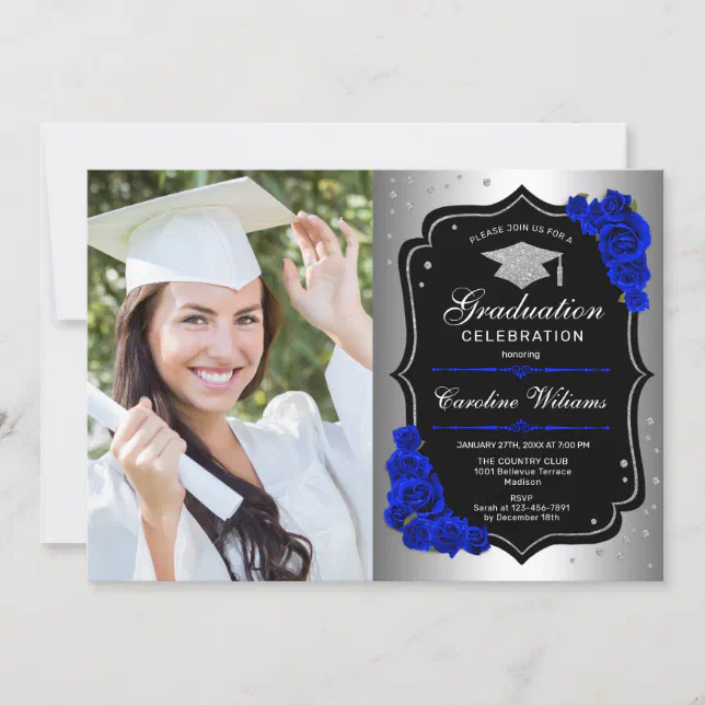 Graduation Party With Photo - Silver Royal Blue Invitation | Zazzle