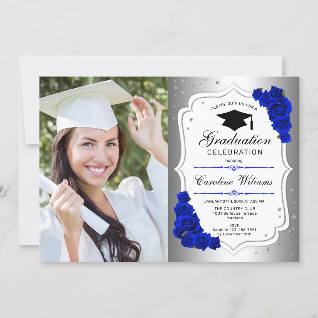 Graduation Party With Photo - Silver Royal Blue Invitation | Zazzle