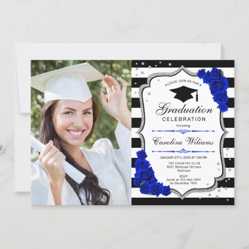 Graduation Party With Photo _ Silver Royal Blue Invitation