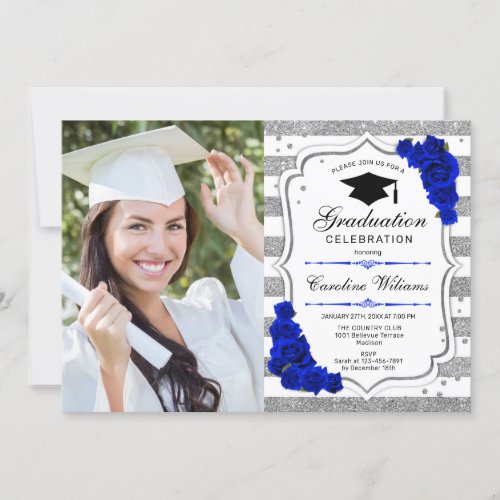Graduation Party With Photo _ Silver Royal Blue Invitation