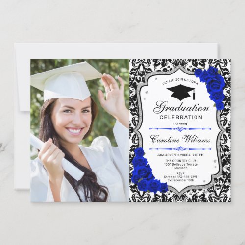 Graduation Party With Photo _ Silver Royal Blue Invitation