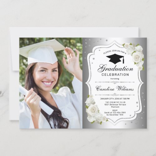 Graduation Party With Photo _ Silver White Invitation