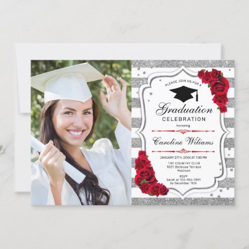 Graduation Party With Photo _ Silver White Red Invitation