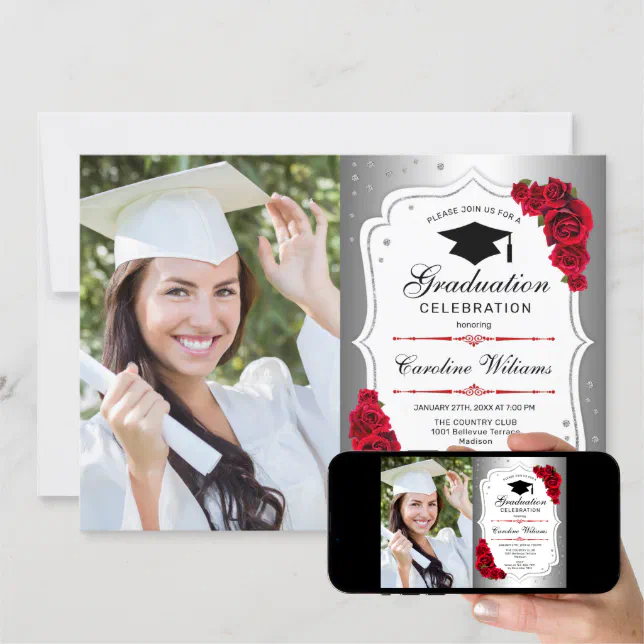 Graduation Party With Photo - Silver White Red Invitation | Zazzle