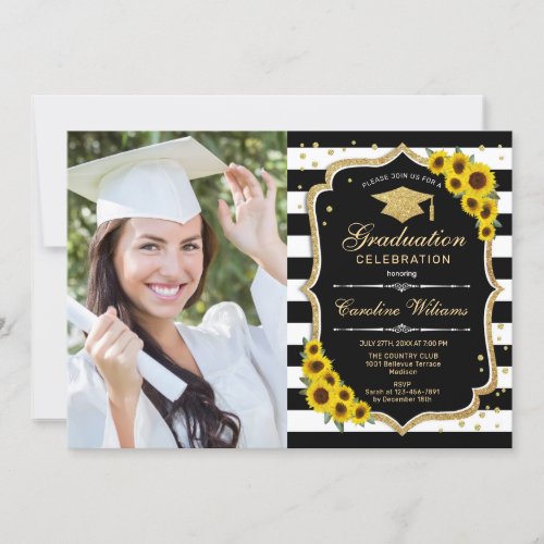 Graduation Party With Photo _ Sunflower Black Gold Invitation