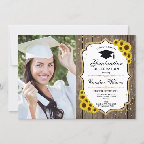 Graduation Party With Photo _ Sunflowers Wood Invitation