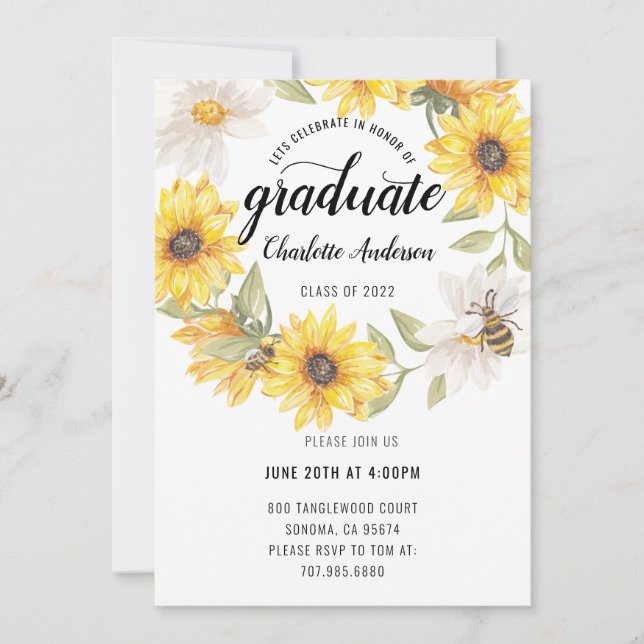 Graduation Party Yellow White Sunflowers Party Invitation (Front)