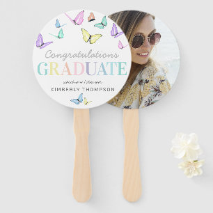 Graduation Pastel Rainbow Butterfly Photo Hand Fan