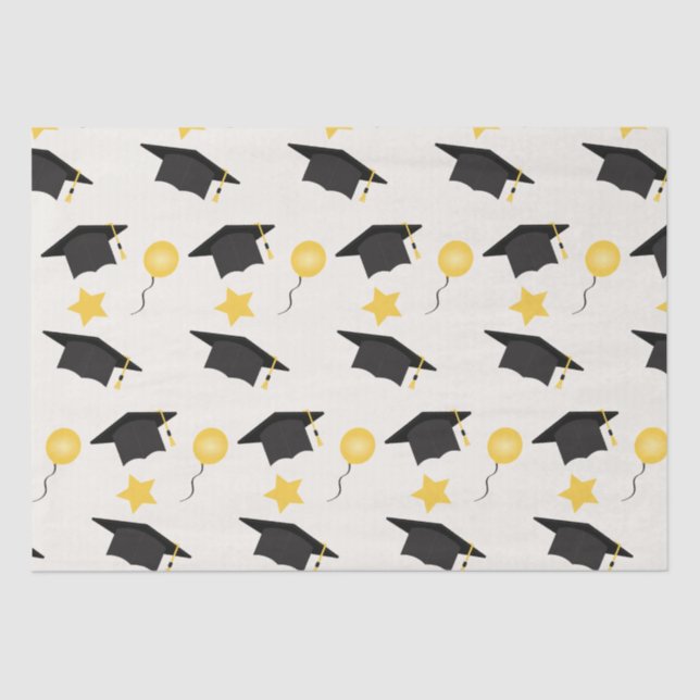 Graduation Pattern Balloons And Stars Yellow Black Tissue Paper (Front)
