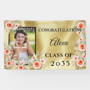 Graduation Peach Pink Flowers Gold Satin Diamonds Banner