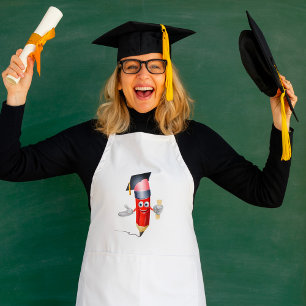 Graduation Pencil Character Holding Diploma Adult Apron