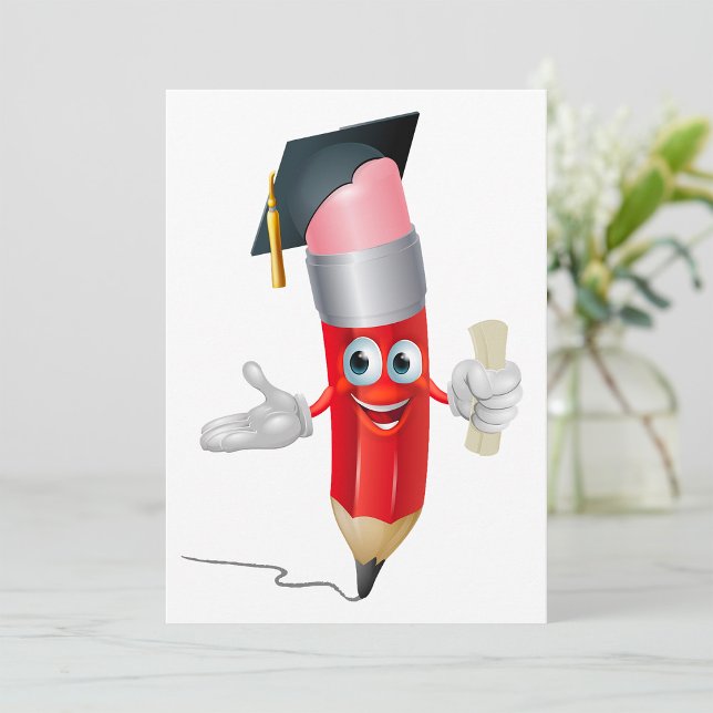 Graduation Pencil Character Holding Diploma Invitation (Creator Uploaded)