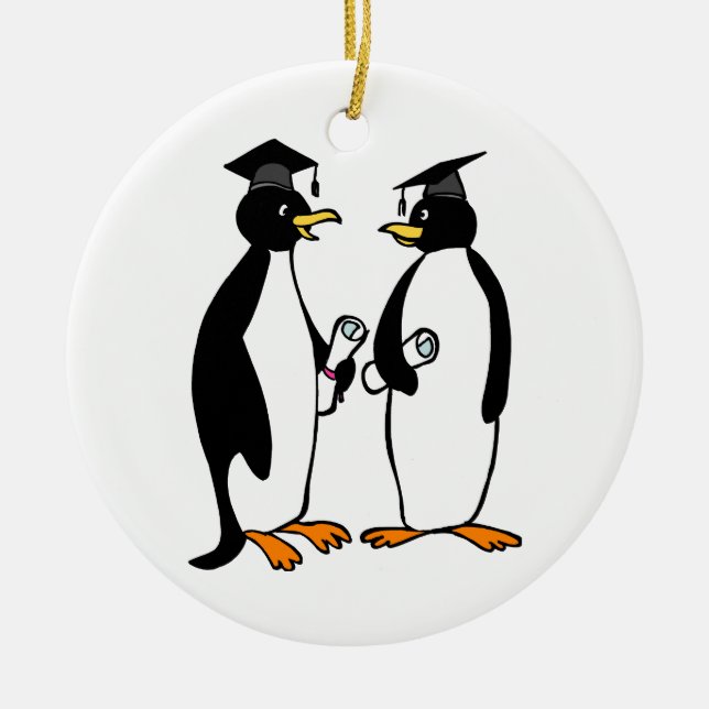 Graduation Penguins Cartoon Ceramic Ornament (Front)