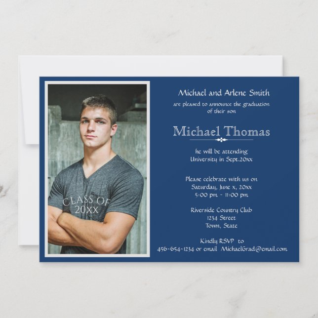 Graduation Personal Photo Navy Blue & White Invitation (Front)