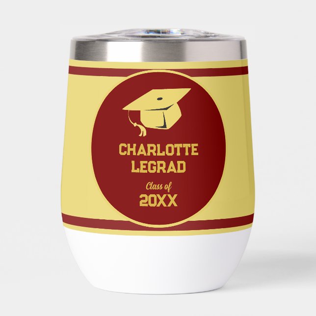 Graduation Personalized Maroon and Gold Cap Thermal Wine Tumbler (Front)