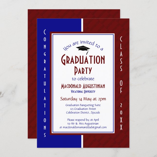 GRADUATION Personalized Maroon Navy Graduate Invitation (Front/Back)