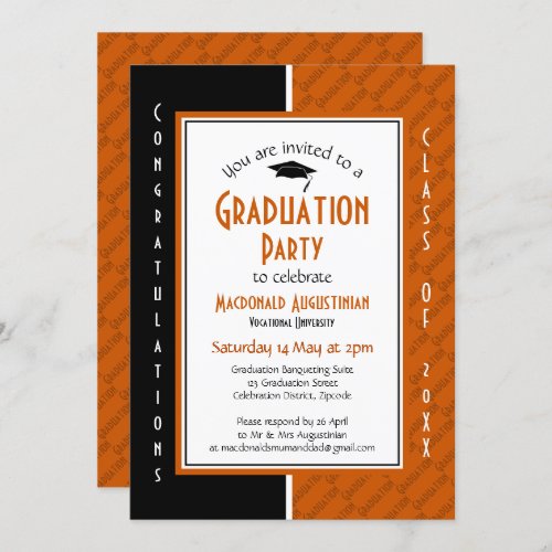 GRADUATION Personalized Orange Black Graduate Invitation