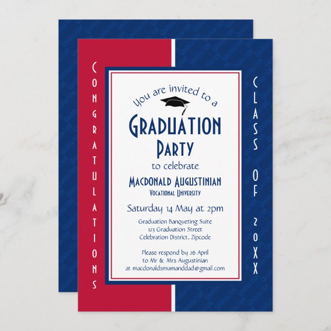 GRADUATION Personalized Red White Blue Graduate Invitation (Front/Back)