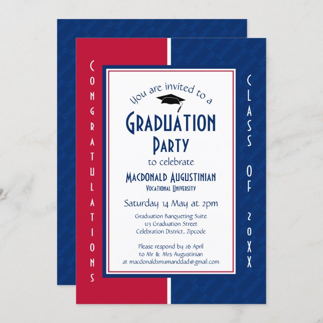GRADUATION Personalized Red White Blue Graduate Invitation (Front/Back)