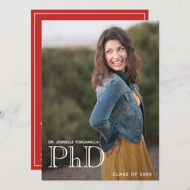 Graduation PhD Announcement Photo White Red (Front/Back)