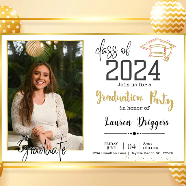 Graduation Photo 2024 Black Gold Invitation | Zazzle