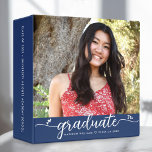 Graduation Photo Album Blue Modern Script Hearts 3 Ring Binder<br><div class="desc">Let your favorite grad be proud, rejoice and showcase their milestone with this stunning keepsake scrapbook custom photo memory album. A fun, playful visual of white script handwriting and cute, playful hearts, along with her name, class year, and photo of your choice, overlay a navy blue background. Personalize the custom...</div>